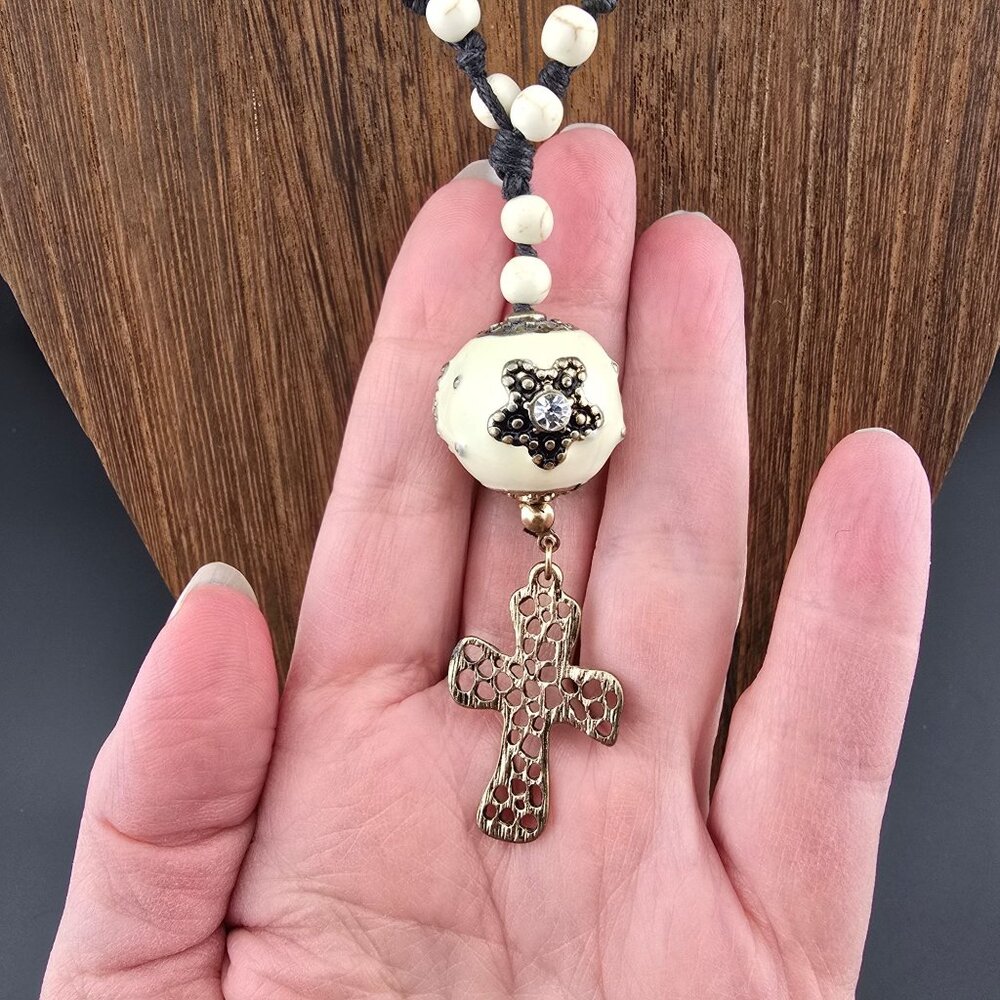 White Beaded Rosary Necklace Large Accent Bead & Gold-Tone Cross - Picture 3 of 7